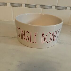 Rae Dunn jingle bones dog / pet food dish.  White with red  lettering.  EUC!